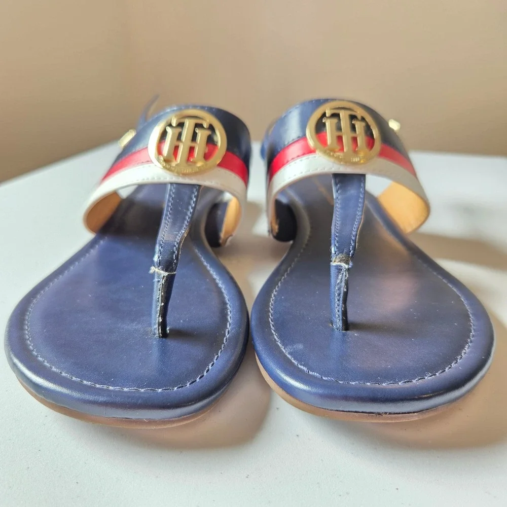 Tommy Hilfiger Jesi Navy Blue Red White Logo Thong Slingback Wedge Sandals 8M
